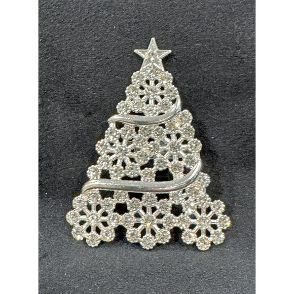 Sparkling Clear Rhinestone Christmas Tree Brooch Pin Silver-Tone CP37 - Picture 2 of 5